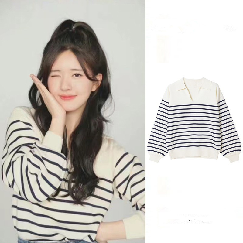 bm复古V领条纹针织衫女