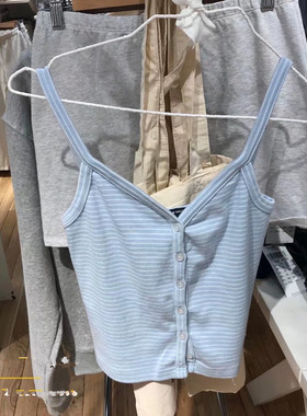 Brandy Girl bm夏季纯欲蓝色纯棉条纹排扣吊带背心女内搭上衣