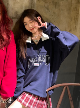 Brandy girl bm chicago芝加哥polo领美式复古加绒卫衣女秋冬2024