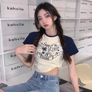 T恤女ins潮 Brandy Girl bm明星同款 复古圆领黑色人物纯棉短袖
