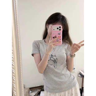 Brandy bm灰色芭蕾舞鞋正肩短袖T恤女夏卡通印花修身显瘦百搭上衣