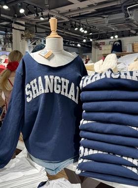 Brandy  bm藏蓝色裁剪领shanghai刺绣加绒套头卫衣女秋冬2024新款