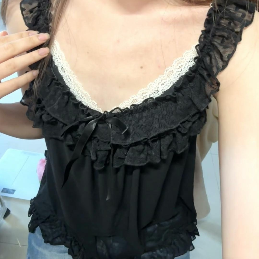 brandy bm新款黑色蕾丝木耳边方领吊带背心女辣妹透视上衣