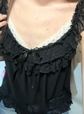 brandy bm新款黑色蕾丝木耳边方领吊带背心女辣妹透视上衣