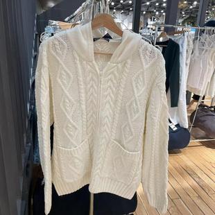 BM秋冬新新款 白色拉链麻花连帽宽松慵懒毛衣外套厚实 bm针织开衫