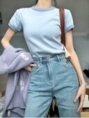 复古蓝色拼色圆领bm短袖 Brandy Girl官网春夏美式 T恤女纯棉