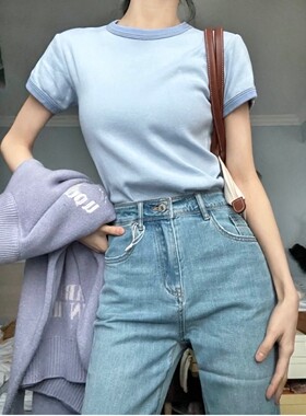 Brandy Girl官网春夏美式复古蓝色拼色圆领bm短袖T恤女纯棉