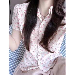 Brandy bm超好看漂亮粉色娃娃领正肩短款碎花短袖衬衣衬衫女上衣