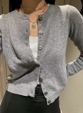 Brandy Girl美式复古灰色羊毛圆领针织衫bm单排扣开衫毛衣女秋