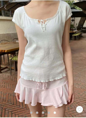 Brandy bm少女感白色短袖T恤女圆领系带花边镂空辣妹纯棉上衣