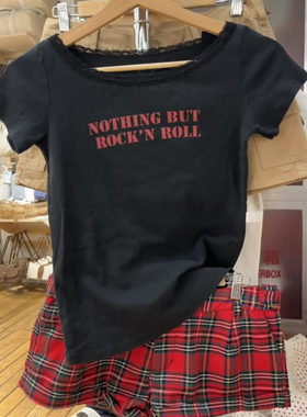 Brandy bm黑色蕾丝边纯棉短袖T恤女夏季一字肩斜肩露肩上衣短