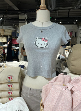 Brandy girl bm夏季新款kittty猫印花纯棉短袖T恤女高腰纯欲上衣