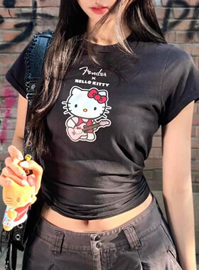 Brandy bm黑色美式hello Kitty印花正肩短袖t恤上衣女2025新款夏