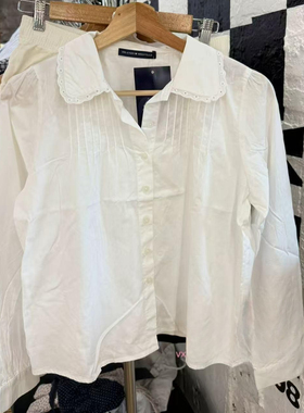 Brandy bm韩版娃娃翻领蕾丝边白色褶皱衬衫女长袖显瘦衬衣上衣