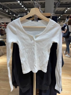 显瘦打底衫 Brandy t恤女修身 复古bm风螺纹白色长袖 上衣 girl美式