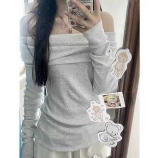 弹力内搭打底衫 现货bm新款 女修身 针织衫 灰色一字肩上衣漏肩长袖