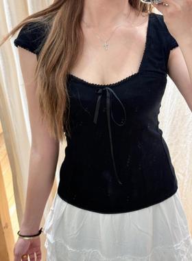 Brandy girl bm黑色短袖t恤方领蕾丝边蝴蝶结短款上衣2024夏季新