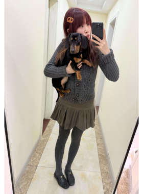 Brandy bm复古麻花纯棉翻领针织开衫女灰色纽扣毛衣外套女百搭