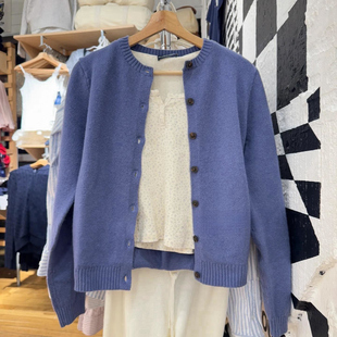 Brandy girl bm美式春季圆领雾霾蓝单排扣毛衣开衫女装bm毛衣外套