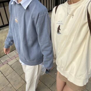 brandy girl美式复古刺绣熊蓝色卫衣套头女春bm咆哮熊宽松上