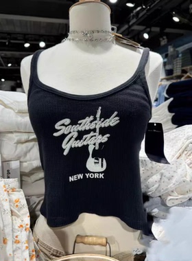 Brandy girl BM黑色华夫格无袖吊带bm女黑色短款甜酷内搭印花背心