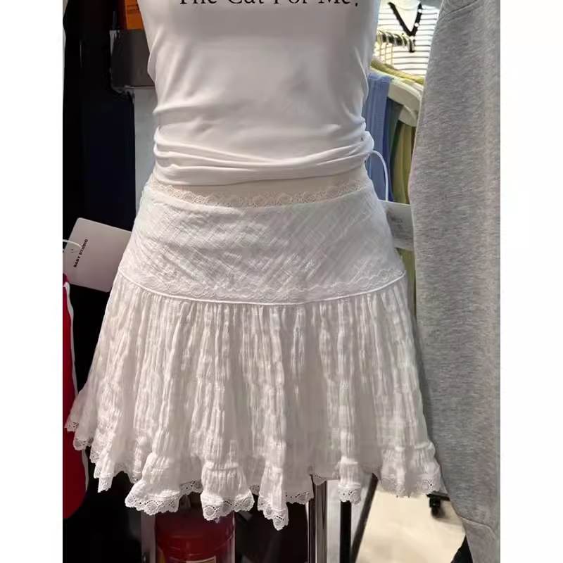 OOTD BM女装新款高腰显瘦蕾丝A字裙短裙 纯色防走光半身裙蛋糕裙