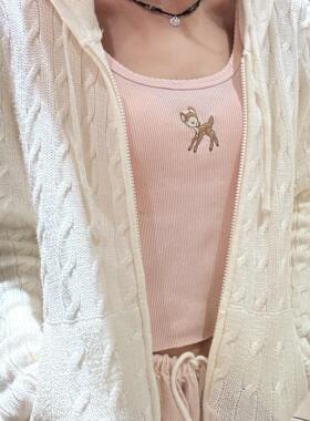 现货Brandy girl bm白色连帽麻花针织开衫女2024新款外穿外套秋冬