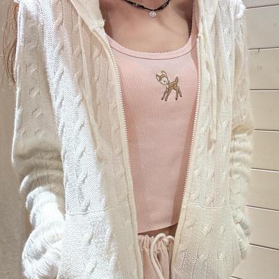 现货Brandy girl bm白色连帽麻花针织开衫女2024新款外穿外套秋冬