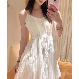 BM白色蕾丝边初恋清纯奶甜掐腰白月光吊带小白裙连衣裙短款女