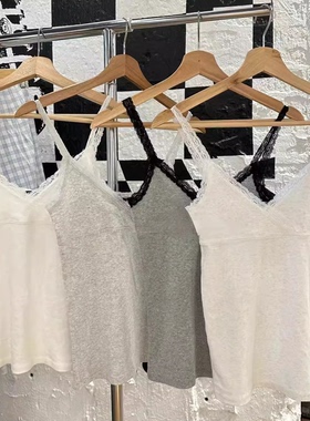 Brandy bm灰色v领交叉蕾丝边吊带背心女内搭打底上衣修身性感