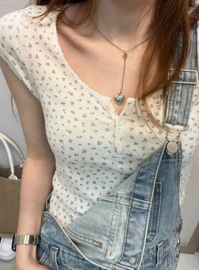 Brandy Girl bm春夏官网美式花边纽扣蓝色碎花T恤短袖女纯棉短