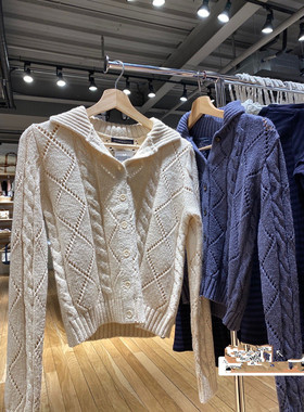 Brandy Girl初秋翻领polo领镂空bm针织开衫外套女毛衣上衣