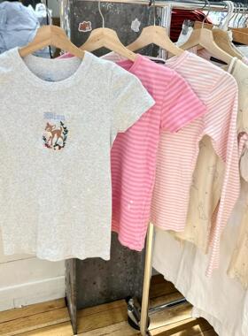 Brandy bm重工小鹿花朵刺绣圆领正肩纯棉T恤百搭灰色短袖上衣女