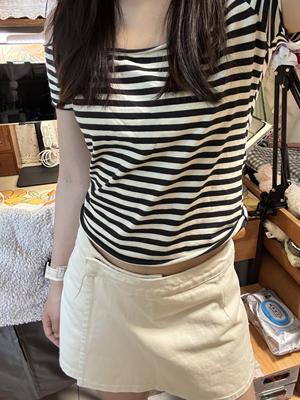 Brandy girl bm黑白条纹一字肩短袖T恤女夏2024新款纯棉甜辣上衣