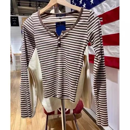 条纹打底衫bm圆领修身长袖T恤女