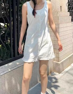 Brandy新款纯棉白色纽扣花边领纯欲风连衣裙女夏季bm收腰显瘦短裙