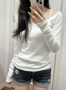 Brandy girl BM白色蕾丝一字肩纯棉长袖T恤女露肩打底甜美上衣