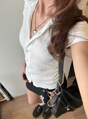 Brandy Bm春新款美式辣妹衬衫白色收腰褶皱肌理感短袖polo领上衣