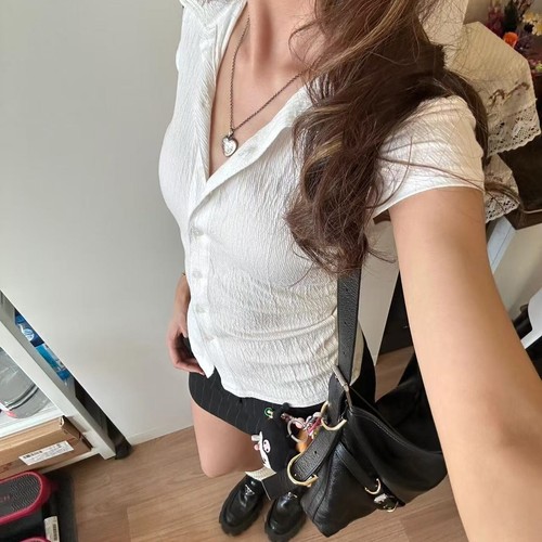 Brandy Bm春新款美式辣妹衬衫白色收腰褶皱肌理感短袖polo领上衣