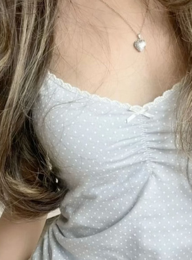 Brandy girl bm蓝色波点花边V领小吊带背心女修身内搭外穿上衣新