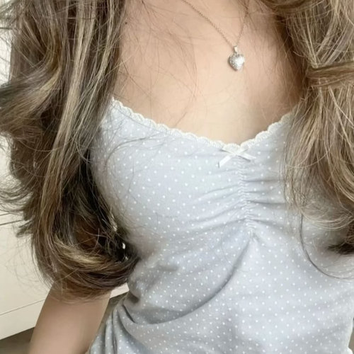 Brandy girl bm蓝色波点花边V领小吊带背心女修身内搭外穿上衣新