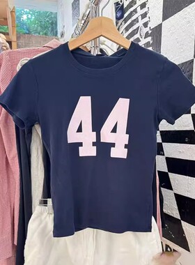 Brandy bm新款藏蓝色圆领44数字印花短袖T恤女纯棉修身显瘦上衣