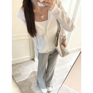 Brandy bm韩系白色连帽麻花针织开衫女慵懒风拉链毛衣外套学院风