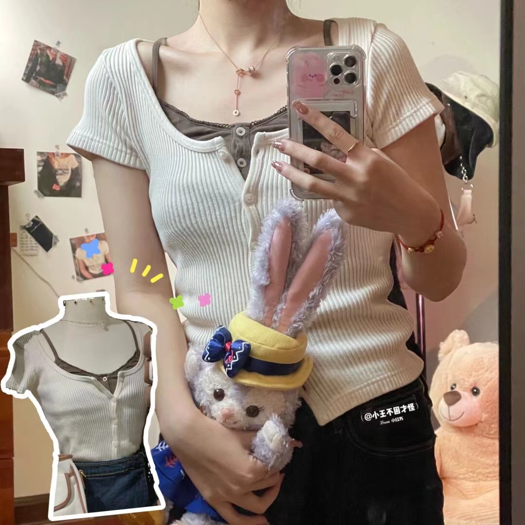 zelly螺纹排扣短袖T恤女纯棉