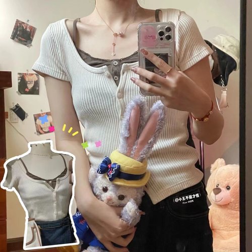 zelly螺纹排扣短袖T恤女纯棉