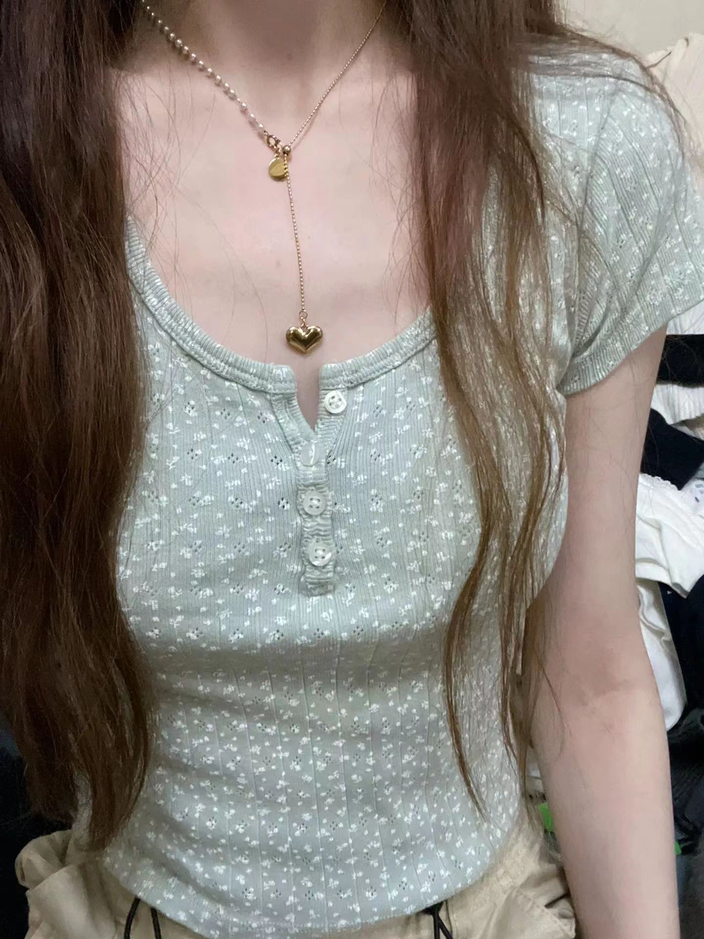碎花三粒扣螺纹短袖女