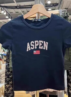 Brandy girl 2023夏美式藏蓝色ASPEN字母印花纯棉短袖女bmT恤上衣