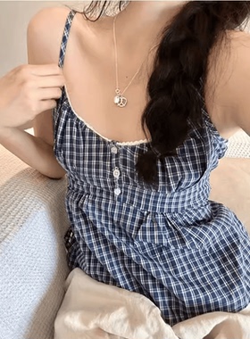 Brandy girl bm美式深蓝格子三粒扣背心吊带收腰百搭甜辣上衣女