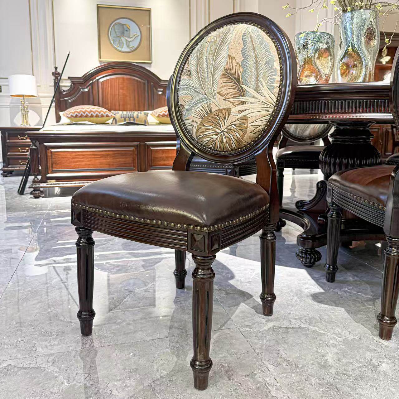 美式餐椅乡村复古软包真皮椅欧式休闲椅书椅酒店餐厅圆靠背实木椅