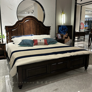 纯全实木床美式乡村家用卧室轻奢双人公主床新古典高靠背大床1米8